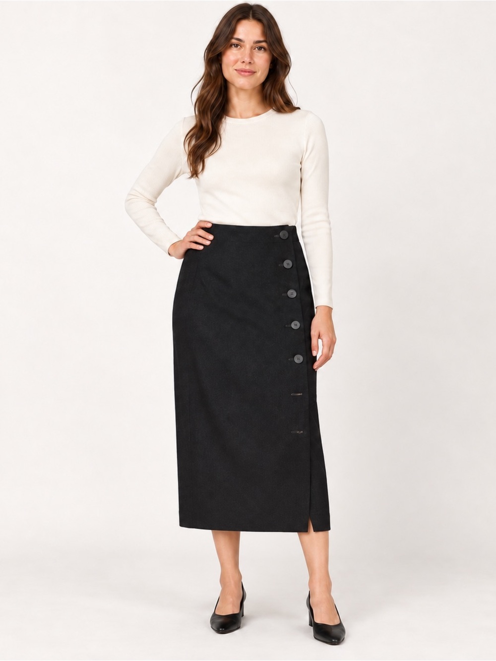 VTG Ralph Lauren blue label made in USA black side button wrap midi skirt